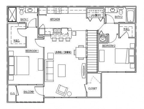Floor plan for 2 beds, 2 baths, 1299 sqft